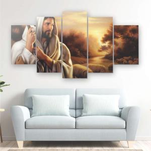 Quadro Mosaico Jesus Pastor das Ovelhas Mdf 3mm 114x60cm Digital  Borda Infinita com a impressão da imagem Embalagem Reforçada contra Danos
